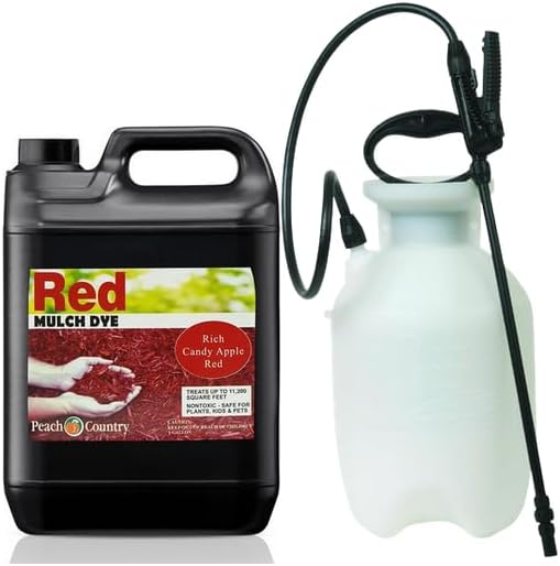 Peach Country Premium Red Mulch Dye Kit 1 Gallon Bottle with 1 Gallon Pump Sprayer – Professional Landscape Mulch Colorant for Faded Mulch, Pine Straw & Beds