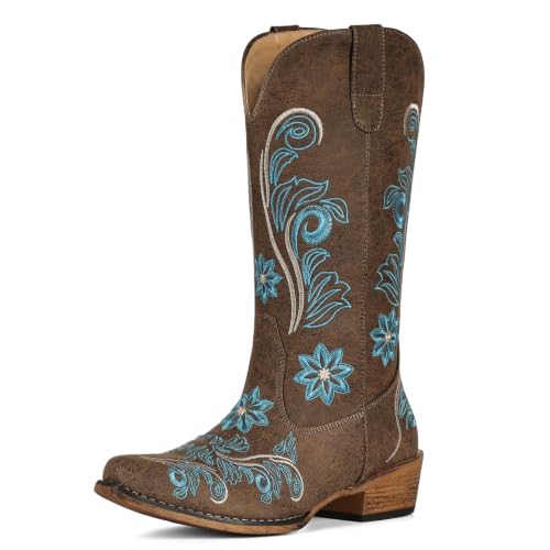 Image of IUV Cowboy Boots For Women Mid Calf Cowgirl Boots Embroidered Pull-On