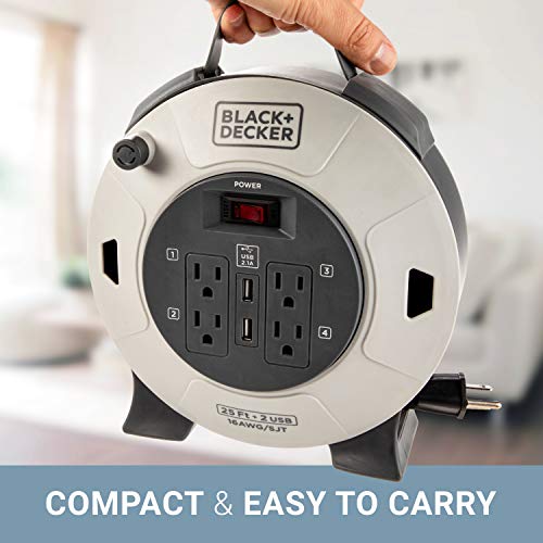 image for BLACK+DECKER 25 Ft. Retractable Extension Cord Reel With 4 Outlets, 2 
