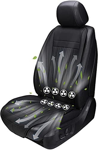 Image of AZOD Polyester Cooling Car Seat Cushion, Ventilated Pad With Built-In Fans, Large Air Volume, Comfortable Breathable, For Cars Trucks, Keep Cool Comfort, Black