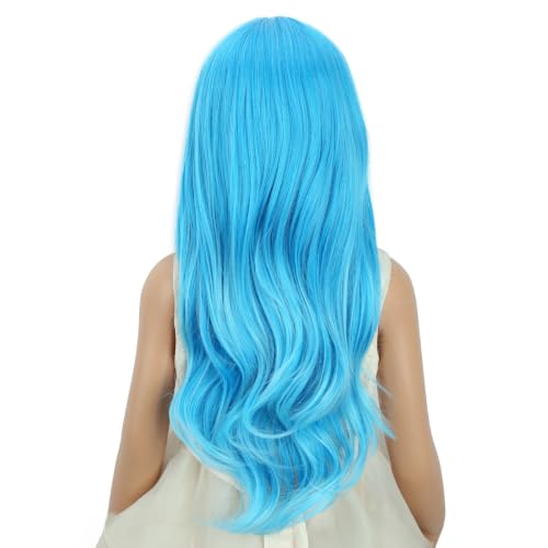 Image of Girls Blue Ombre Wig Kids Long Mixed Light Blue Middle Part Wig Ombre Wavy Curly Wigs for Children Heat Resistant Synthetic Wigs with Cap