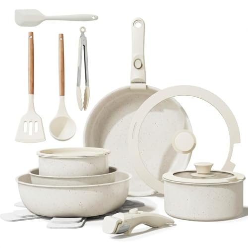 Ceramic Nonstick Cookware Set, 20-Pcs and Pans Set with Removable Handles, Induction & RV Kitchen Compatible, Scratch-Resistant, Dishwasher & Oven Safe, PFAS/PTFE/PFOA Free (Cream White, 20 Pcs)