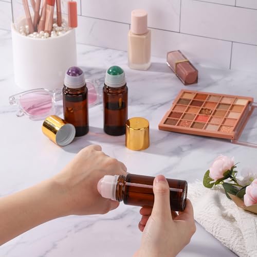 RAMFIYN 50ml Rose Quartz Roller On Bottle for Castor Oil | Empty Refillable Natural Rose Quartz Amber Glass Roller Ball Applicator for Essential Oils Perfume Easy to Fill - image 6