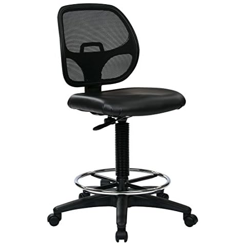Office Star DC Series Deluxe Breathable Mesh Back Ergonomic Drafting Chair with Lumbar Support and Adjustable Footring, Black Vinyl Cover