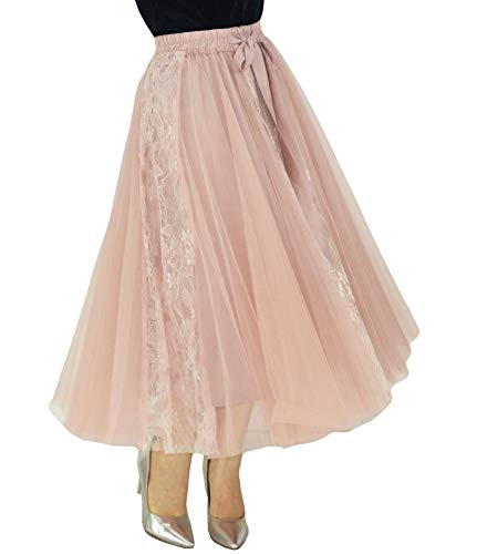YSJERA Lady's Organza Princess Skirt Bowknot A Line Pleated Midi/Knee Length Tutu Party Skirts (XS, Lace Pink)
