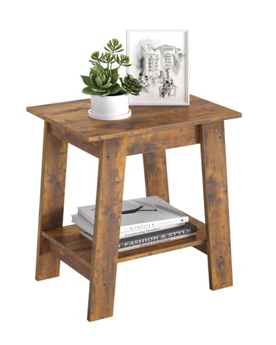 Garvee Mesa Auxiliar Estilo Rústico, Mesa de Noche Pequeña de Madera con 2 Estantes, para Dormitorio, Oficina y Salón, Color Marrón Rústico, 48.2×30×48.2 cm