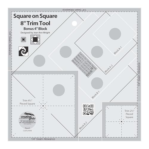 Creative Grids Square on Square Trim Tool Quilt Ruler – CGRJAW8 – Made in USA, 8-1/2in x 8-1/2in, Non-Slip Grip Acrylic Quilting, Sewing, Crafting, Patchwork Ruler & Template