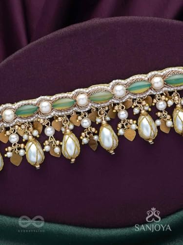 Image of SANJOYA BY EVERSTYLISH Haridvarna Gilded Meadow Finery Pearls, Stones And Beads Hand Embroidered Necklace Lightweight Jewelry For Women | Party, Festive, Wedding & Gifting