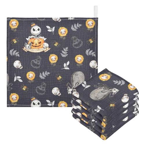 Image of vvfelixl Baby Muslin Washcloths Halloween Skulls Horror Monsters Baby Burp Cloths Cotton Baby Face Towel for Newborn Infants Boys Girls Soft and Absorbent 11.8 X 11.8 in, 3 Pack Black