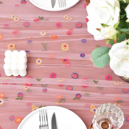 Joanlody Blushing Pink Embroidery Daisy Spring Summer Table Runner Florals Seasonal Tulle Table Runner for Home Garden Tea Party Holiday Birthday Decoration by Joanlody - Image 6