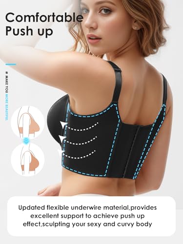 JishinGal Women’s Push Up Bra Full Coverage Seamless Underwire Hide Back Fat, Wide Straps, Smooth Uplift T-Shirt Bra