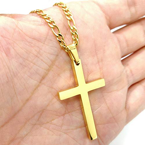Fztn Jewelry Gold Cross Religious Necklace For Men Women Teen Boys 18 Inch Flat Figaro Chain Necklace 18K Gold Plated Stainless Steel Fashion Jewelry #TOP2