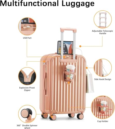 Hard Shell Carry On Luggage With Cup Holder & Charger, 20IN Carry On Luggage With Spinner Wheels, 360° Rotatable, Airline Approved TSA-locked2