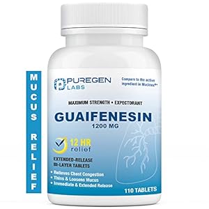P Puregen Labs Mucus Relief 12 Hour Extended Release Guaifenesin 1200mg Maximum Strength | Value Size 110 Count | Chest Congestion Expectorant Tablets