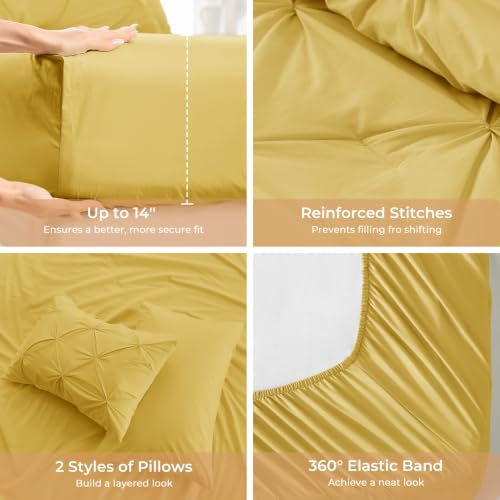 Image of Sasttie Full Size Comforter Set, 7-Piece Bed in a Bag Double, Pintuck Bedding Set for All Season, Includes Comforter, Flat Sheet, Fitted Sheet, Pillowcases and Pillowshams, Mustard Yellow