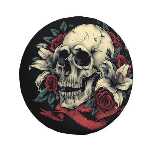 Image of Skull with Rose Spare Tire Cover, Universal Wheel Tire Cover Funny Skull Skeleton Tire Protectors for Trailer RV SUV Truck Camper 14 Inch