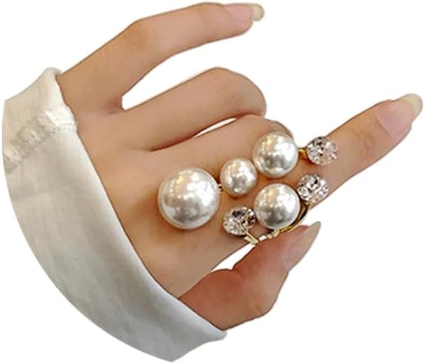 Vintage Pearl Cluster Stacking Promise Ring – Adjustable Open Finger Ring Trendy Personality Statement Jewelry for Women