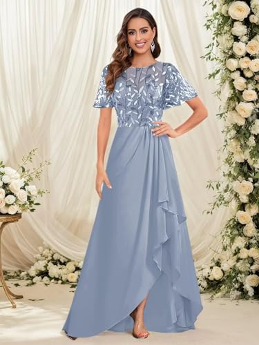 Mother of The Bride Dresses for Wedding Guest Short Sleeves Sequin Chiffon Formal Evening Gown JH0363