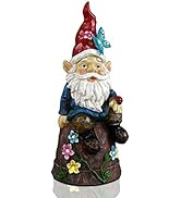 Qeeman Solar Garden Gnome Statue,Gnome Sitting on Pot with Glowing Butterfly and 5 LED Lights,Sol...