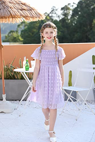 6-7 Year Old Girls Lavender Flower Dress Flutter Sleeve Cute Ruffle Dresses For Little Kids Stretchy Solid Color Princess Sundress Size 6 7 Wedding Flower Girl Skirts #TOP1