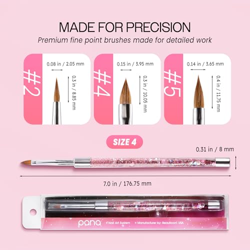 PANA 3D Kolinsky Nail Art Brush - Pink Glitter Handle, Size 4 - Acrylic Nail Art Sculpture Brush for Manicures Pedicure Salon Professional or Beginner