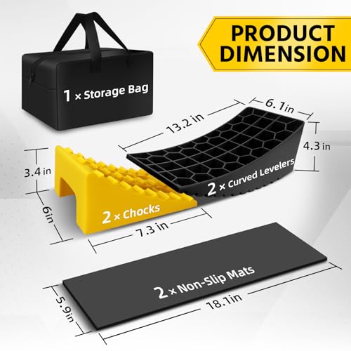 Image of ROBLOCK RV Leveling Blocks Up to 35000 LBS, Camper Leveling Blocks with Chocks, Anti-Slip Mats, Carry Bag, RV Leveling System for Travel Trailers, 4 inch Max Leveling Height, 2 Packs, Yellow