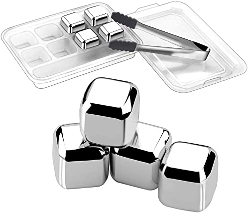 SeewayWhiskey Stones Stainless Steel Ice Cubes Reusable Chilling Whiskey Stones Beverage Rocks with Tongs & Freezer Storage Tray for Whiskey Wine Beverage, Gift Sets for Family and Friends (Set of 8)