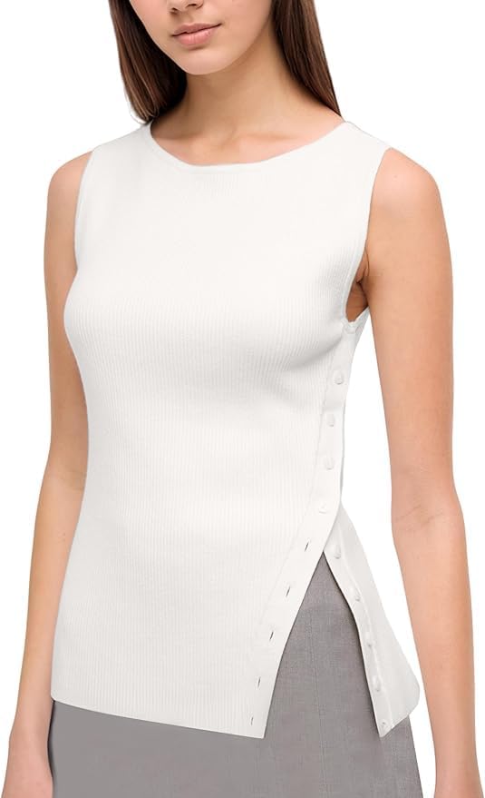 CITASHON Asymmetrical Button Sweater Tank Tops for Women Lightweight 2026 Trendy Slit Hem Sleeveless Going Out Tops Vests - Image 2