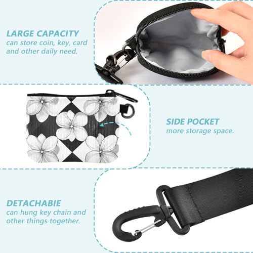Checkered Black and White Pattern FLOWERs Women's Coin Pouches Card Holder Small Portable Credit Card Wallet Organizer with Wristlet Strap for Women 2 Packs3