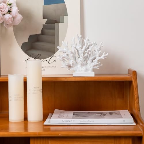 5.8" H White Coral Decor, Resin Coral Statue, Nautical Decorations for Home, Bedroom, Bathroom, Living Room, Beach/Coastal/Ocean Themed Cabinet Shelf Tabletop Decor