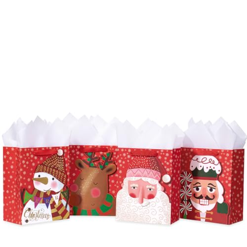 Image of Loveinside Christmas Paper Gift Bag Set, Red Penguin Santa Reindeer Nutcracker Design, Holiday Party Treat Bags with Handle, Tissue Paper for Kids Boys Girls, Xmas Party Supplies, 4 Pack, 7 inch X 4 inch X 9 inch