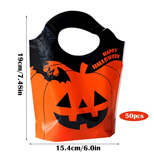 50PCS Plastic Halloween Party Bags Halloween Pumpkin Candy Bags Treat Bags Party Favors Halloween Trick Or Treat Goody Gags Gift Bags Tote Gift Bags For Kids Sweets Snacks Cookies Presents With Handle - Image 2