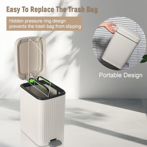 rejomiik Small Bathroom Trash Can with Lid Slim Soft Close Garbage Can Step Wastebasket Container Trash Bin for Office Bedroom Kitchen Living Room (1.9 Gallon White)