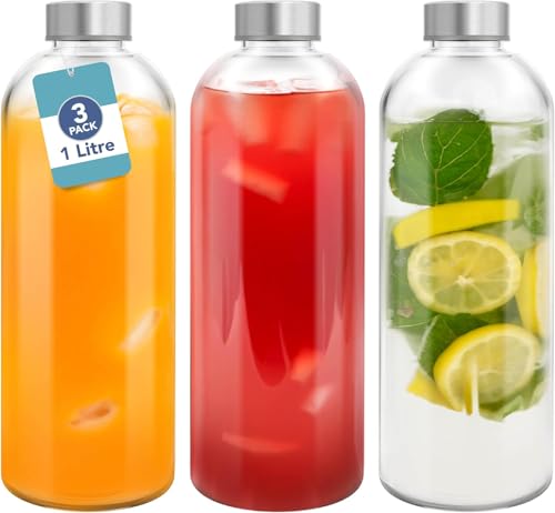 Premify Clear Glass Bottles with Lids 32oz /1L 3 Pack Empty Reusable Glass Water Bottles Stainless Steel Lids for Hot & Cold Drinks Juice & Tea Beverage Milk & Smoothie
