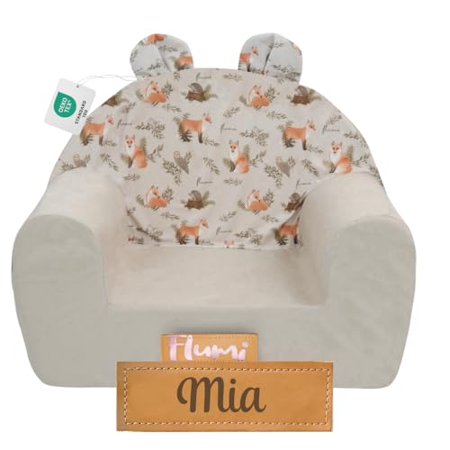 Flumi Fauteuil Personnalisé pour Enfant, Mini Siège pour Bébé, Chaise pour Chambre d'enfant ou Salle de Jeux avec Gravure du Nom (Hellgrau + FLACHS)