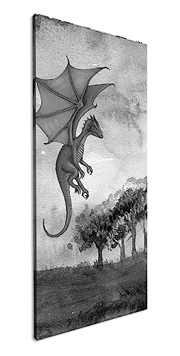 Cuadro de fantasía de un dragón lila panorámico 80 x 40 cm, efecto: negro/blanco como lienzo, diseño listo enmarcado sobre marco de madera auténtica, impresión digital de alta calidad con marco
