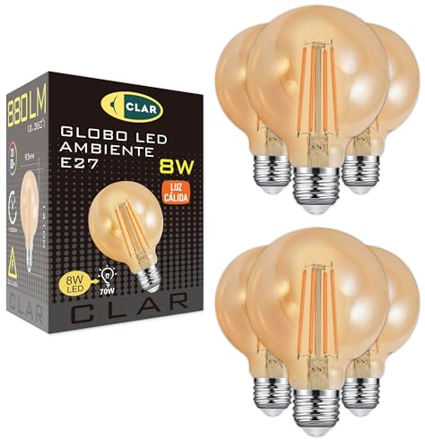 CLAR - Bombilla LED E27 G95 Ámbar 8W, Luz Cálida 2500K, Filamento Estilo Vintage, Bombilla Globo Decorativa para Lámparas Retro (Pack 6)