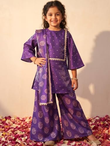 Image of AJ DEZINES Ethnic Wear Sharara Suit Set For Girls|Punjabi dress for Kids|Silk Blend Girls Salwar Suit|Traditional Patiala Outfit|Stylish Kids Kurta for Festivals Weddings & Special Occasions