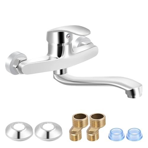 Strixorn Rubinetto da cucina a parete | Rubinetto girevole a 360° in acciaio inox con sporgenza di 25 cm | Miscelatore monocomando freddo e caldo, attacco G1/G2 G3/G4 | Rubinetto montato a parete
