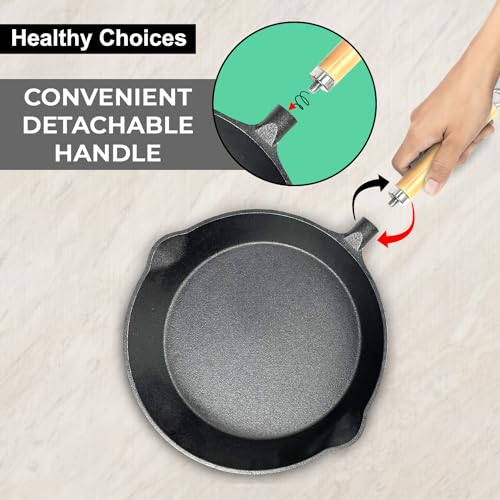 Healthy Choices Cast Iron Skillets, 22.8 Cm (9 Inch), 2.02 kg | Detachable Wooden Handle, Pre Seasoned Frying Pan, No Chemical Coating, Pure & Toxin Free, Safe for Glass Cooktop, Oven & Stovetop