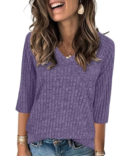 JomeDesign Womens Sweaters 3/4 Sleeve Shirts V Neck Sweatshirts Loose Casual Tunic Blouses Fashion Tops