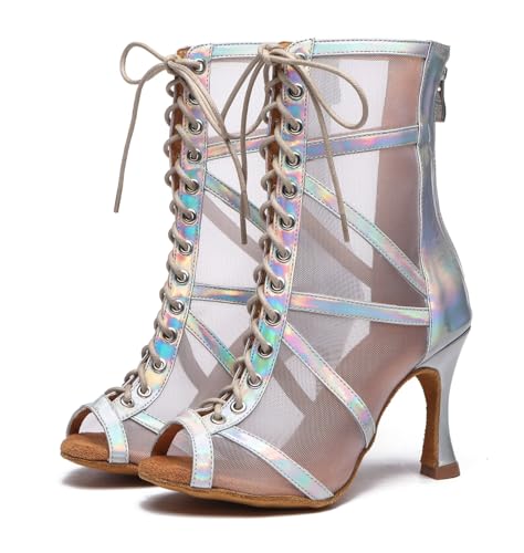Image of Dance Practice Shoes for Women Mesh Ballroom Sandals Heels Party Prom Ankle Booties with Zip