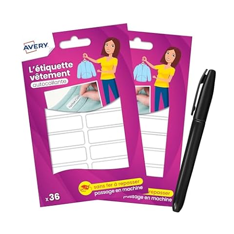 Avery 72 samoprzylepne etykiety na ubrania + 1 marker permanentny w zestawie (2 worki po 36 etykiet) 45 x 13 mm