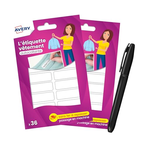Avery 72 samoprzylepne etykiety na ubrania + 1 marker permanentny w zestawie (2 worki po 36 etykiet) 45 x 13 mm