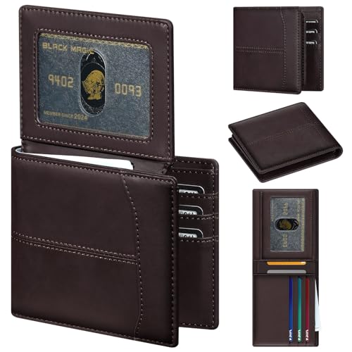 Image of furid Top Grain Leather Wallet Men: RFID Minimalist Bifold Credit Card Holder with 2 ID Windows - Slim Front Pocket Wallets for Men - Gifts for Husband Father on Anniversary Birthday