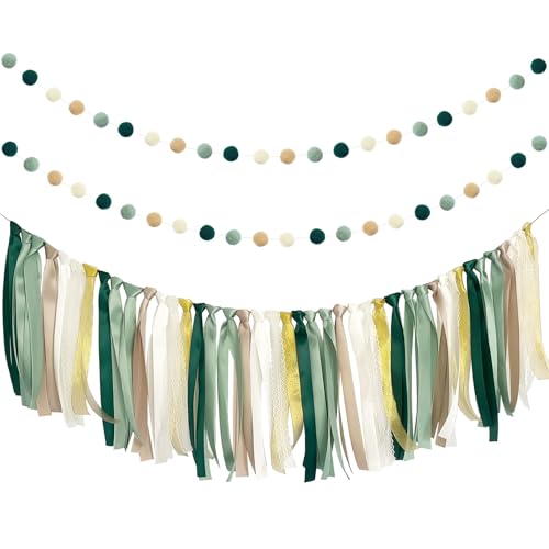 ANSOMO Sage Green Ribbon Felt Ball Garland Fabric Pom Pom Banner ...