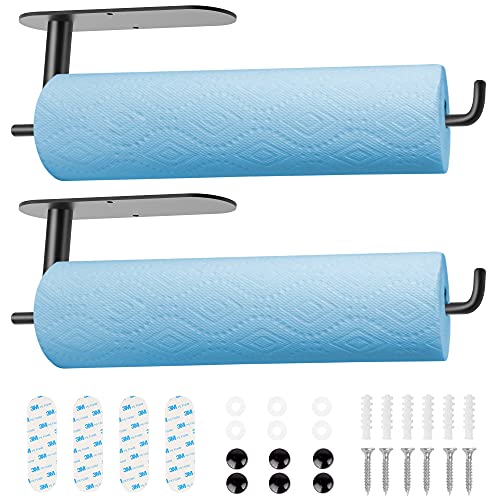 Black Paper Towel Holder，2 Pack Under Cabinet Paper Towel Holder Wall Mount, Stainless Steel Self Adhesive or Drilling Paper Towel Holders for Kitchen, Cabinets, Bathroom