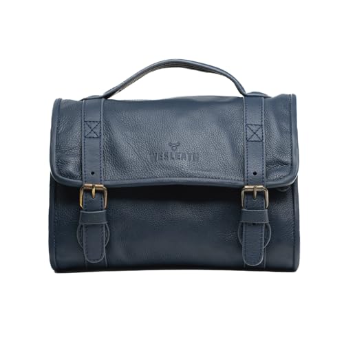 WESLEATH Hanging Leather Toiletry Bag | Water-Resistant Cosmetic Case For Men - Bathroom Dopp Kit Carry On Premium Quality Travel Organizer for Toiletries, Customized Shower Bag (Royal Blue)