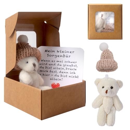 Pocket Hug Positive Mini-Teddybär, Bär In Einer Box Mini-Plüsch Figuren Lustige Teddy-bär Puppe Sorgenbär-Umarmung in Einer Box Kleines Tier Mit Inspirierender Karte für Frauen Babyparty Freunde