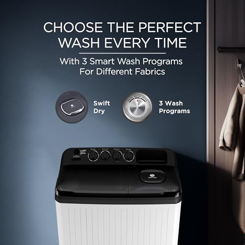 Image of Lloyd 9 kg 5 Star Semi Automatic Top Load Washing Machine |1300 RPM | Detergent Storage Zone | 3 Wash Programs | Swift Dry | Magic Filter, (GLWS905AONDG, Dark Grey and White)